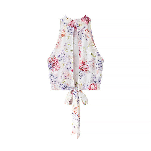 Fashionable and Sexy Halter Sleeveless Top with Floral Print Skirt