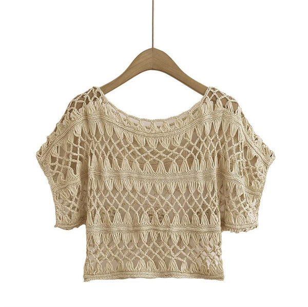 Fashionable and Sexy  Style Women's Round Neck Crochet Top with Loose Fit
