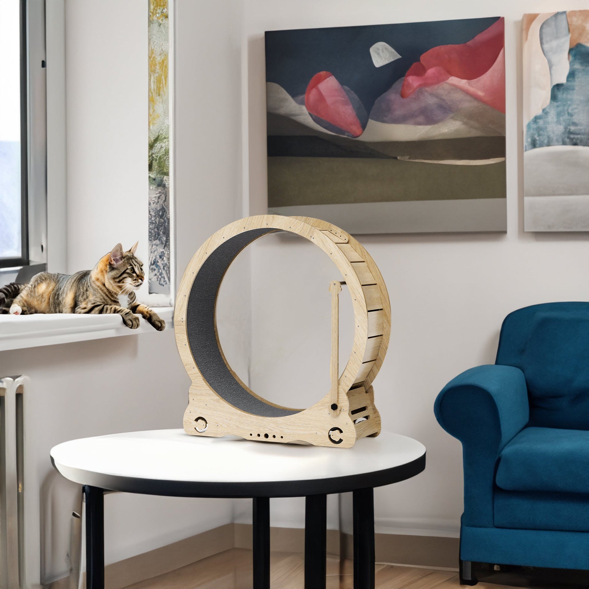 Indoor cat treadmill with carpet, tear device and latch natural wood, 39.4 inches long x 13.2 inches wide x 41.3 inches high