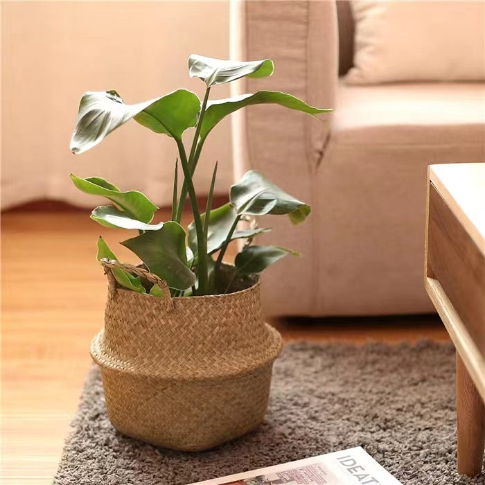 Scandinavian Style Wicker Handbasket Flower Pot Rattan Weave Plant Grass Woven Floor Folding Wicker Basket Weaving