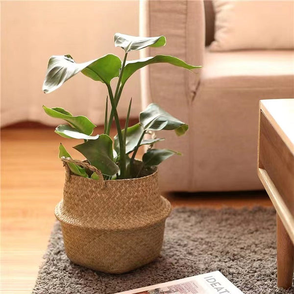 Scandinavian Style Wicker Handbasket Flower Pot Rattan Weave Plant Grass Woven Floor Folding Wicker Basket Weaving