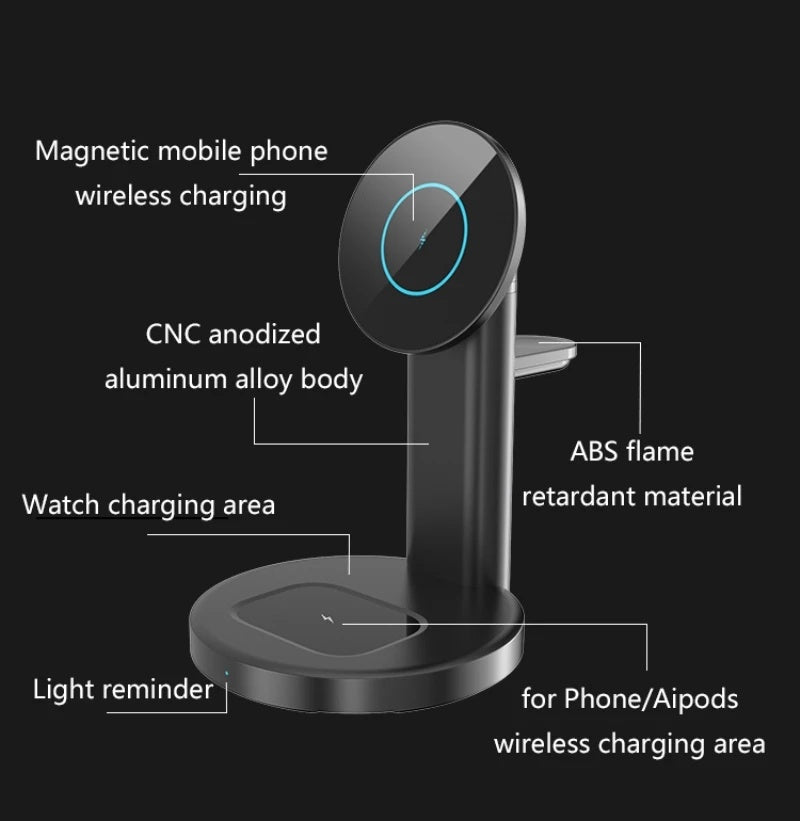 Magsafe Magnetic 3 in 1 Wireless Charger Stand 15W Fast Charge Mobile Phone Watch Headphones