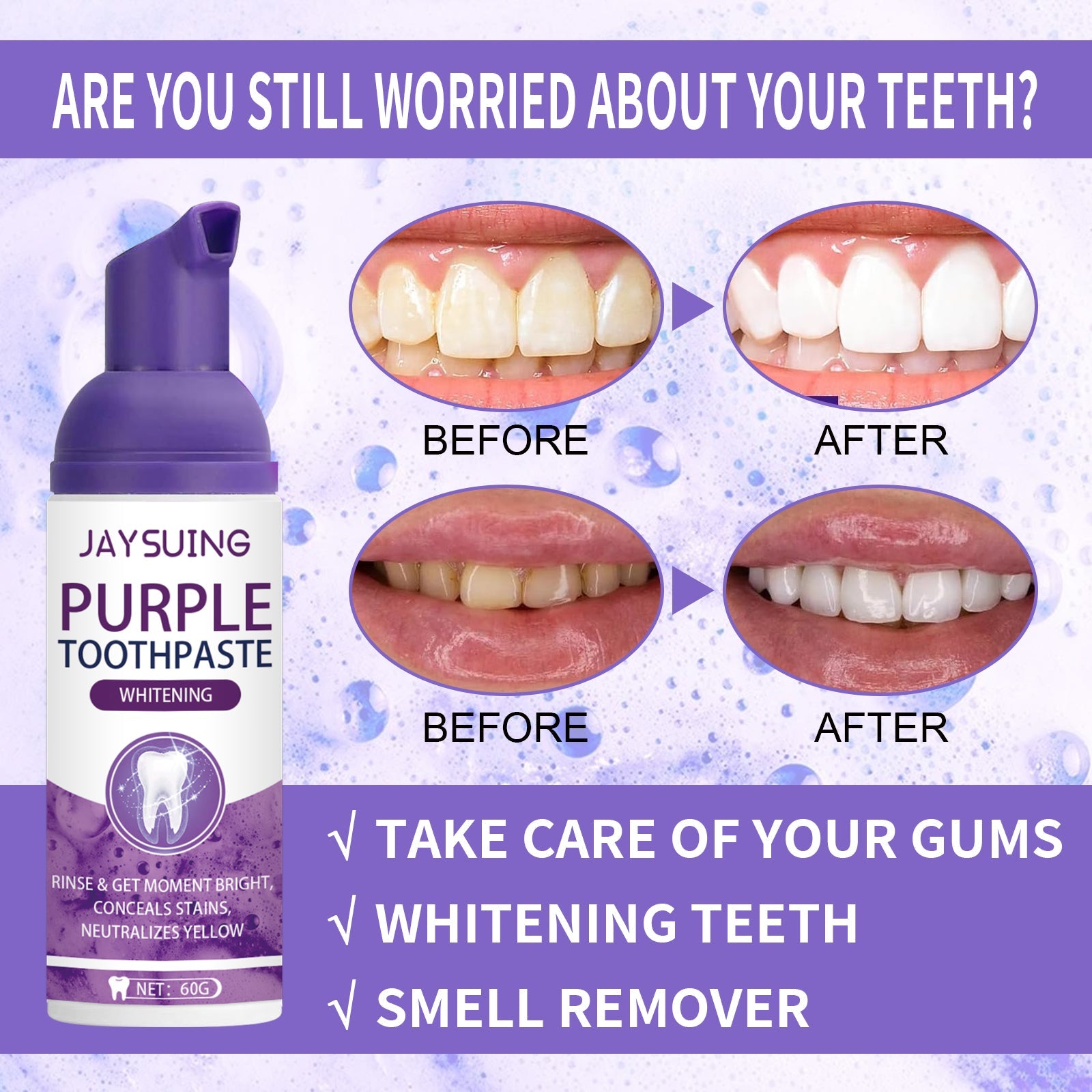 Purple Tooth Whitening Toothpaste, Brightens Teeth Cleans Stains And Relieves Bad Breath Beautiful Teeth Toothpaste
