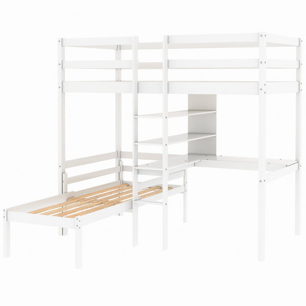 Convertible Loft Bed with L-Shape Desk, Twin Bunk Bed with Shelves and Ladder White