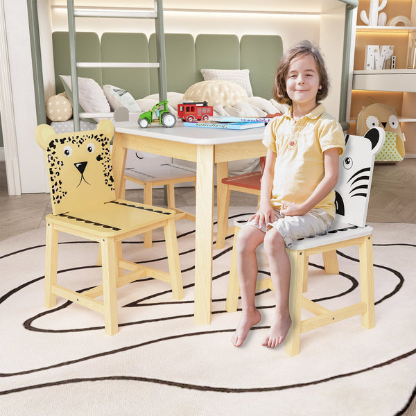 5 Piece Kiddy Table and Chair Set  Kids Wood Table with 4 Chairs Set Cartoon Animals (bigger table) (3-8 years old)