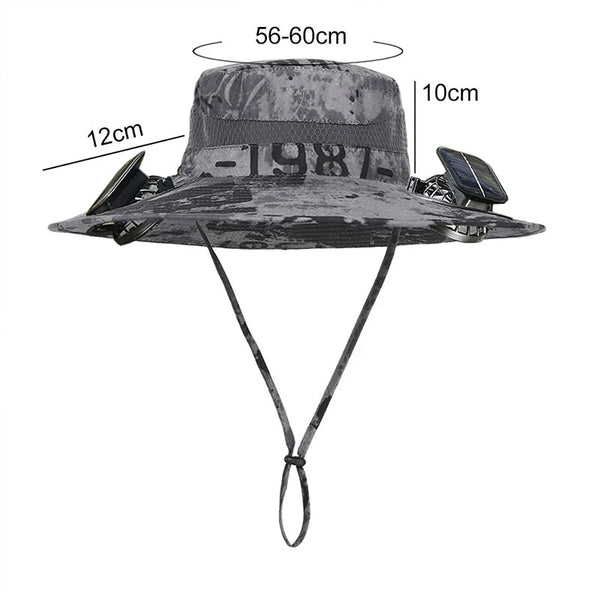 Solar fan hat: wide - brim bucket hat with 2 solar fans, men’s summer cap for outdoor fishing, camping, hiking.