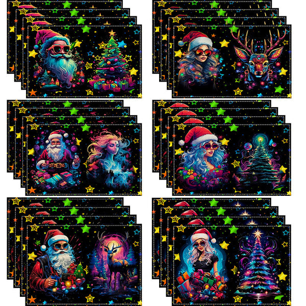 Christmas table mat with white linen starry sky and Santa Claus print