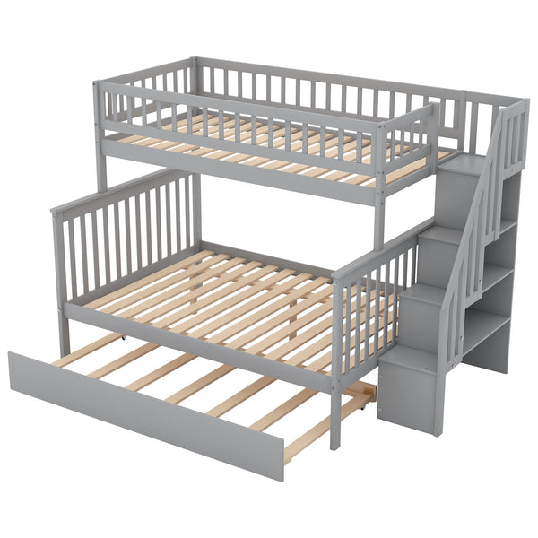 Twin over Full Bunk Bed with Trundle and Staircase Gray