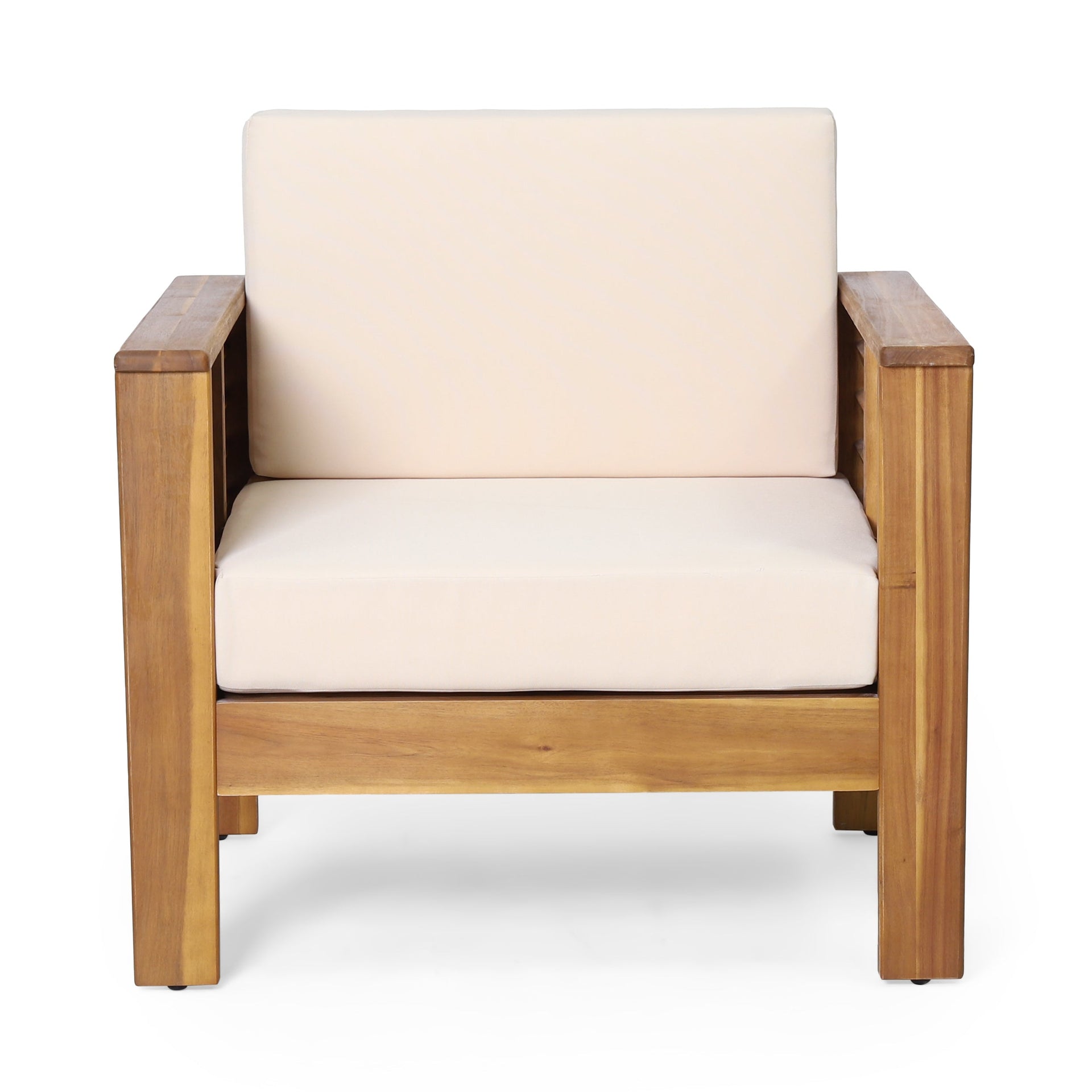 ( Set of 2) Outdoor Acacia Wood Club Chairs with Cushions, Teak+Beige, 27.75