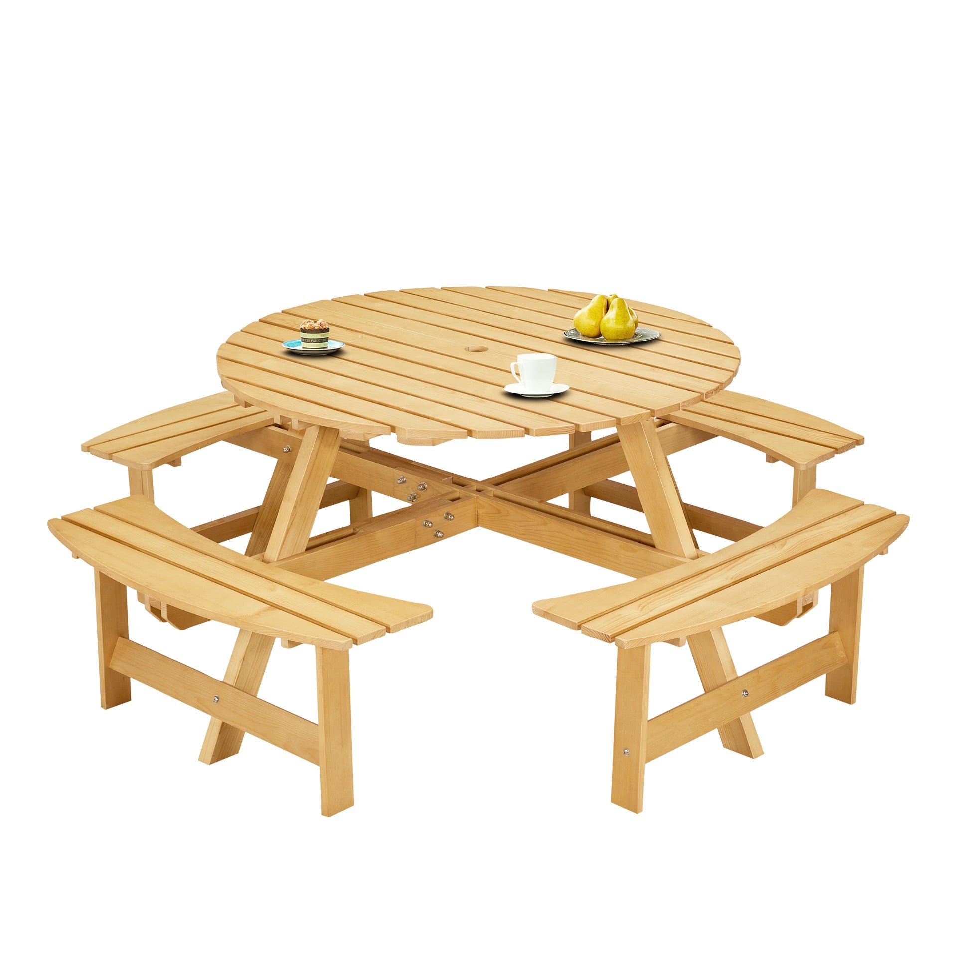 Outdoor picnic table for 8 people, circular picnic table for 8 people, with 4 embedded bench tables and bench sets