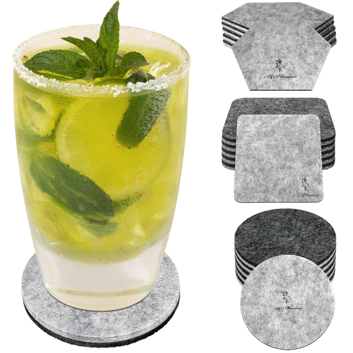 Premium Felt Coasters for Drink Set of 18 Pcs - (square/circle/hexagon)