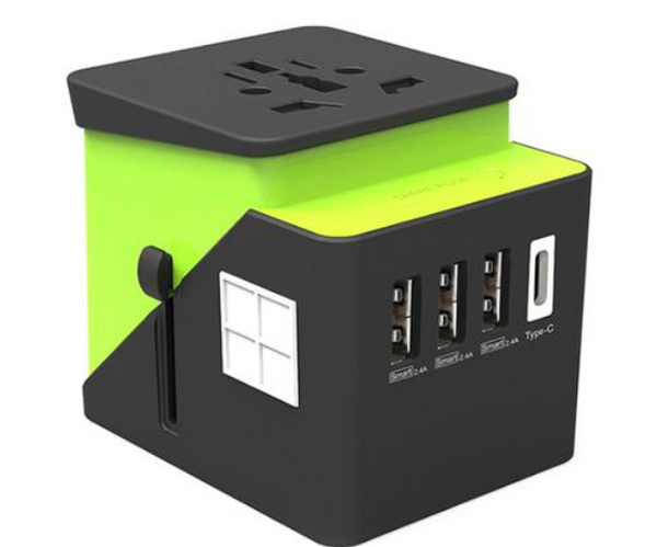 2019 , 3 USB + 1 Typc C International Power Adapter for Europe, UK, China, Australia, Japan and More 200 Countries Black Green