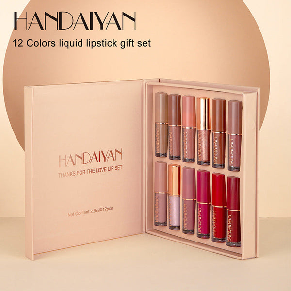 HANDAIYAN 12 Color Lip Gloss Set Liquid Lipstick Set Matte Pearlescent Non-Stick Cup Lip Gloss