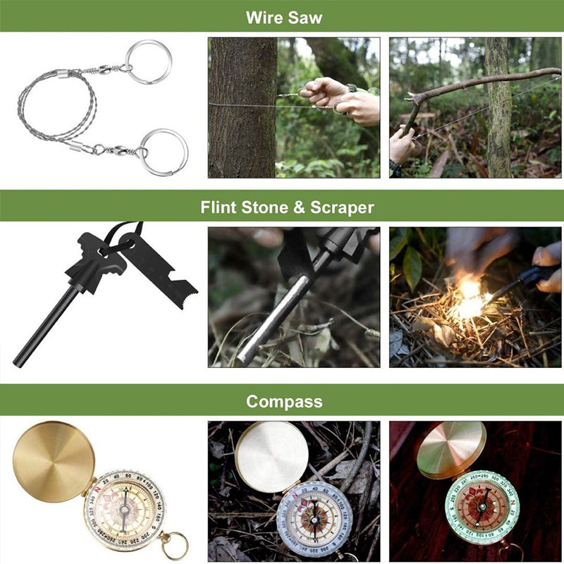 Military-grade outdoor travel survival kit with mini camping tools, emergency bracelet, whistle, blanket and knife.