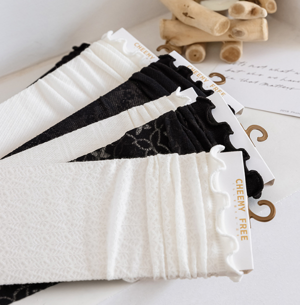 1 pair of socks for women summer thin black middle tube socks Japanese lace ballet style socks mesh breathable pile socks