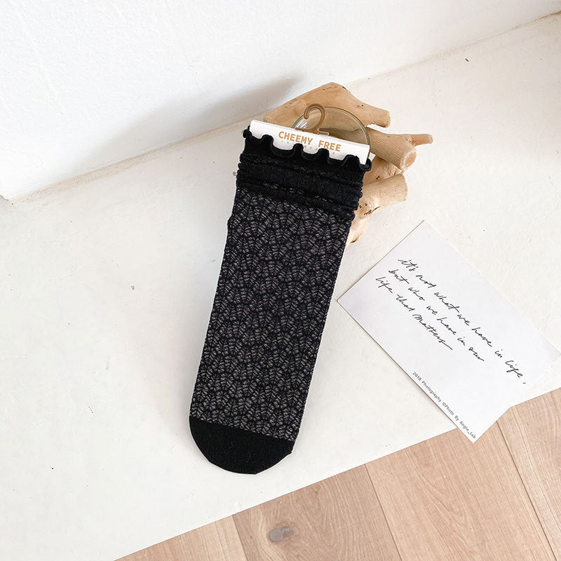 1 pair of socks for women summer thin black middle tube socks Japanese lace ballet style socks mesh breathable pile socks