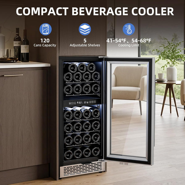 15 Inch Wine Cooler Refrigerator with Stainless Steel Double-Layer Tempered Glass Door W4888S