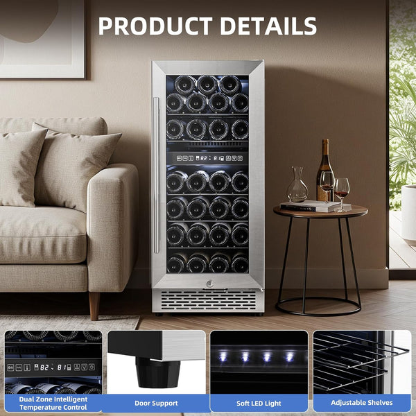 15 Inch Wine Cooler Refrigerator with Stainless Steel Double-Layer Tempered Glass Door W4888S