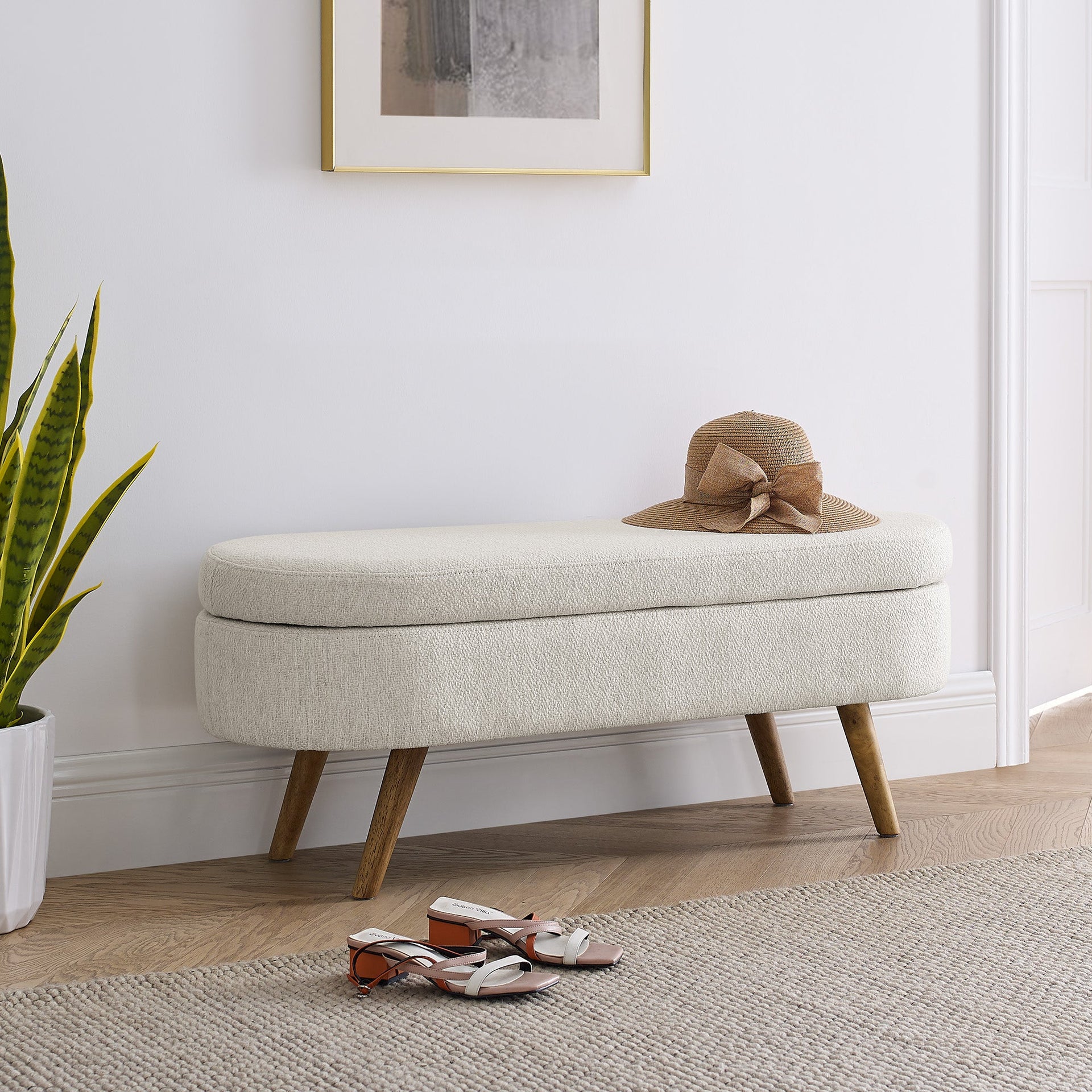 Ottoman Oval Storage Bench Rubber Wood Legs Beige(43.5