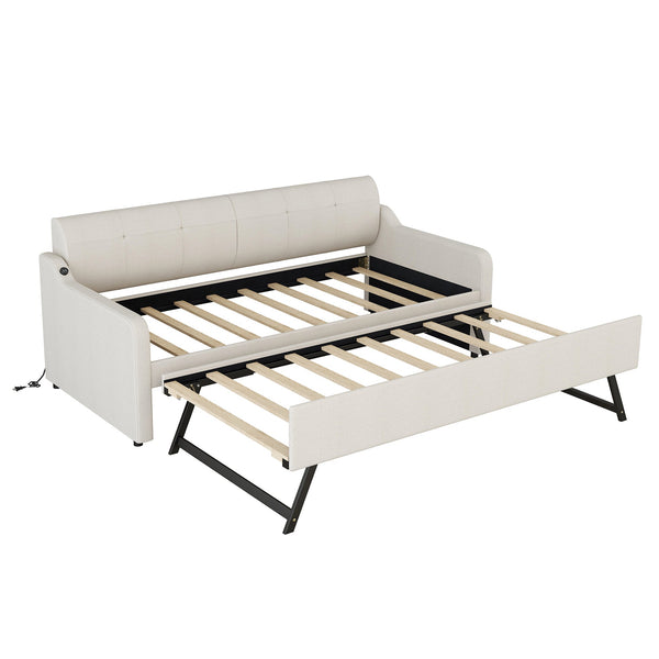 Twin Size Upholstery Daybed with Trundle and USB Charging Design Trundle can be flat or erected Beige