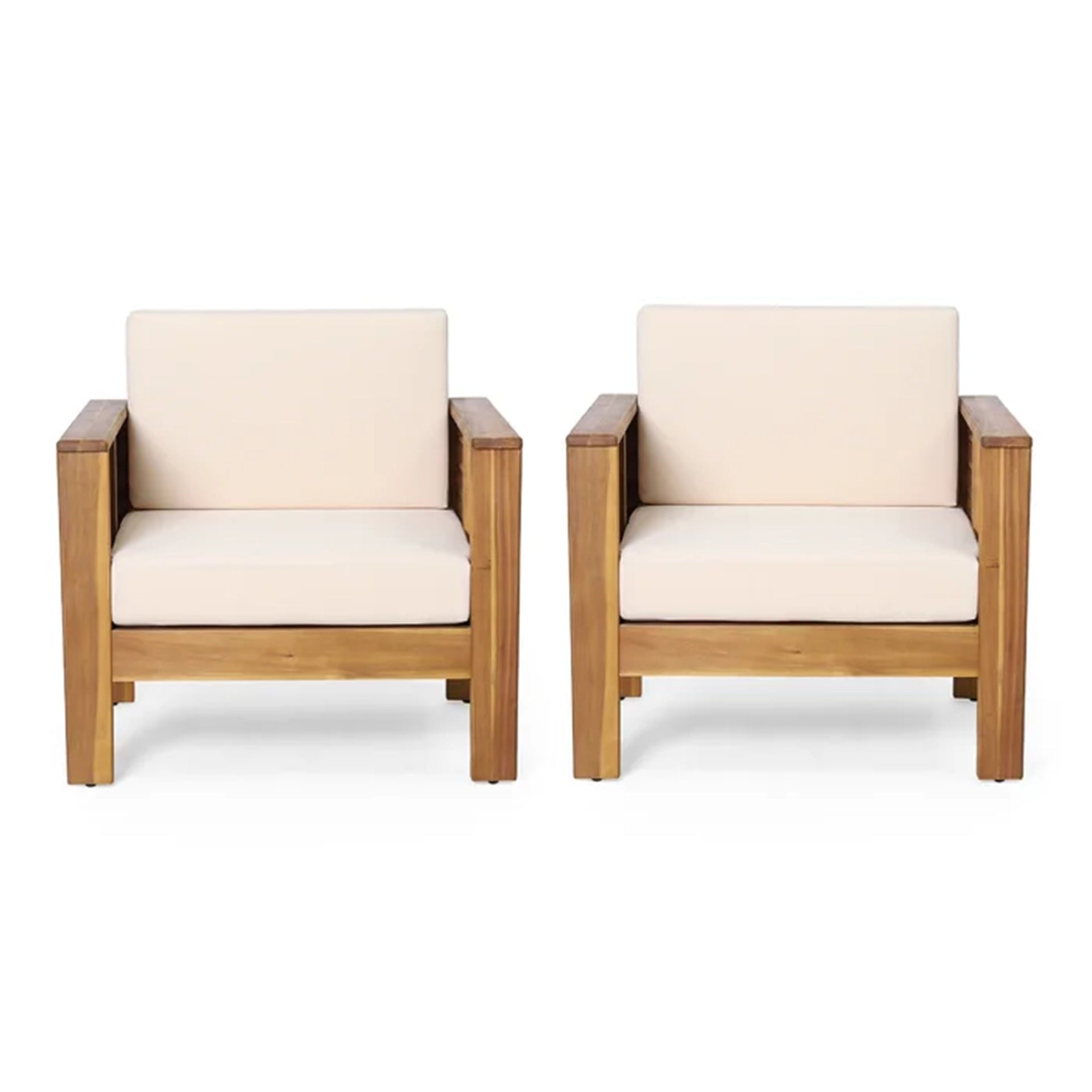 ( Set of 2) Outdoor Acacia Wood Club Chairs with Cushions, Teak+Beige, 27.75