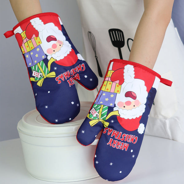 Christmas present Santa Claus insulated gloves, thickened oven gloves, kitchen baking gloves, insulated and heat-resistant gloves