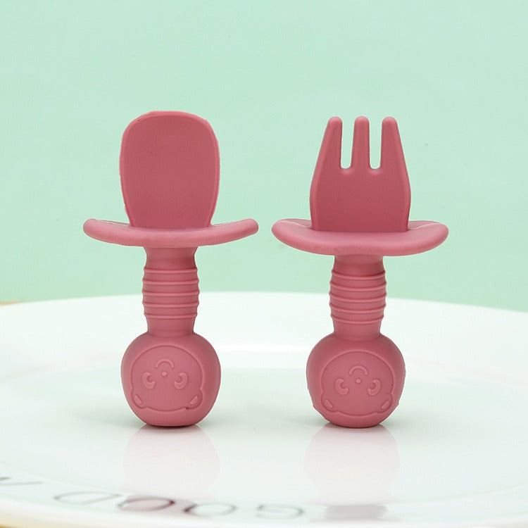 Licking Spoon for Baby Learning to Eat Training Spoon Short Handle Baby Supplementary Food Silicone Soft Spoon Fork Spoon Tableware 2-piece Set