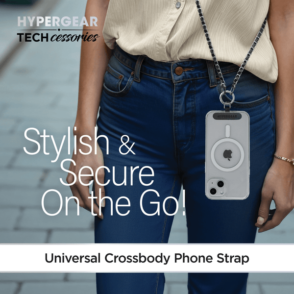 HyperGear TECHcessories Silver Chain with Black Vegan Leather Universal Crossbody Phone Strap