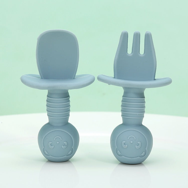 Licking Spoon for Baby Learning to Eat Training Spoon Short Handle Baby Supplementary Food Silicone Soft Spoon Fork Spoon Tableware 2-piece Set