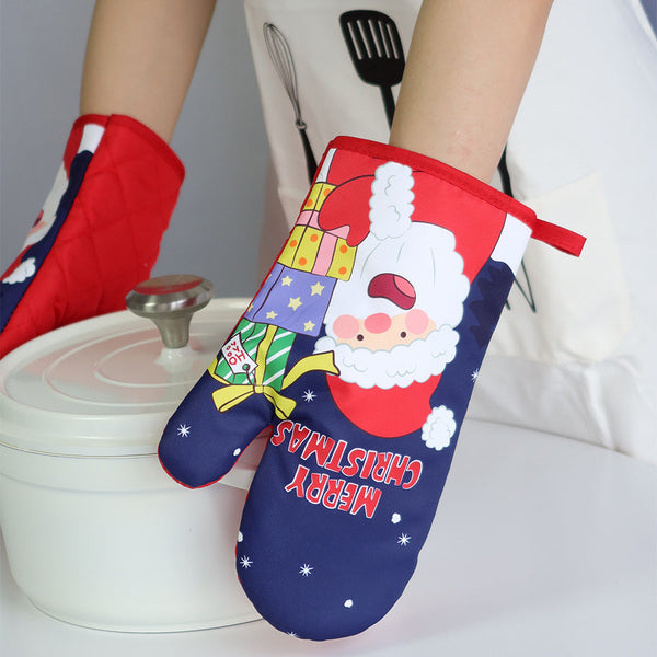 Christmas present Santa Claus insulated gloves, thickened oven gloves, kitchen baking gloves, insulated and heat-resistant gloves