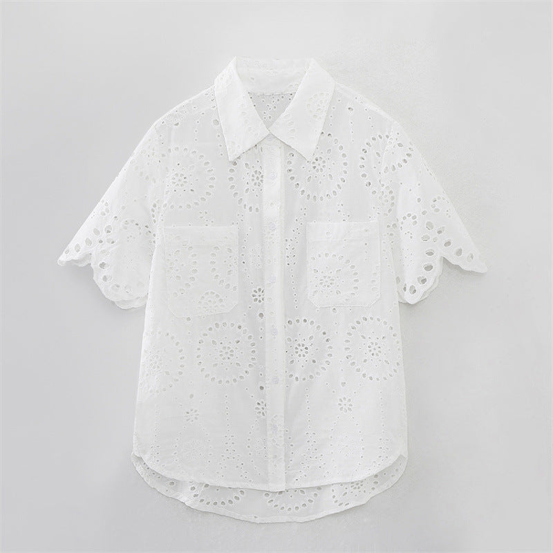 Summer NewStyle Women's Fashion Casual Short Sleeve Hollow Embroidered Shirt Shorts