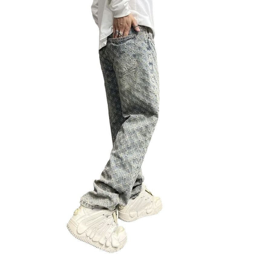 High Street Hip Hop Trousers, Trendy Brand Cool and Handsome Jacquard Full Print Jeans for Men, American Style Vibe Straight Leg Pants