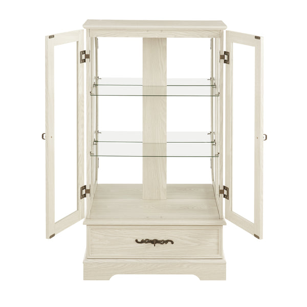 Light colored glass cabinet Curio display cabinet with adjustable glass frame, 2 doors and 1 drawer, including white light bulbs