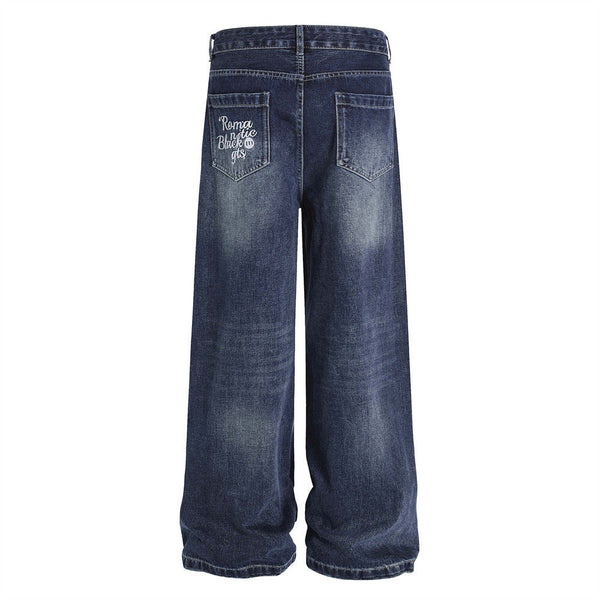 Street Design Floral Embroidered Denim Wide-Leg Long Pants Men's Vibe Trendy Washed Distressed Straight Leg Trousers