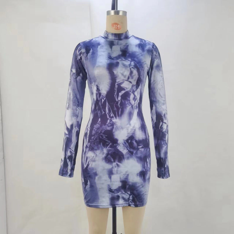 High Neck Long Sleeve Printed Dress
