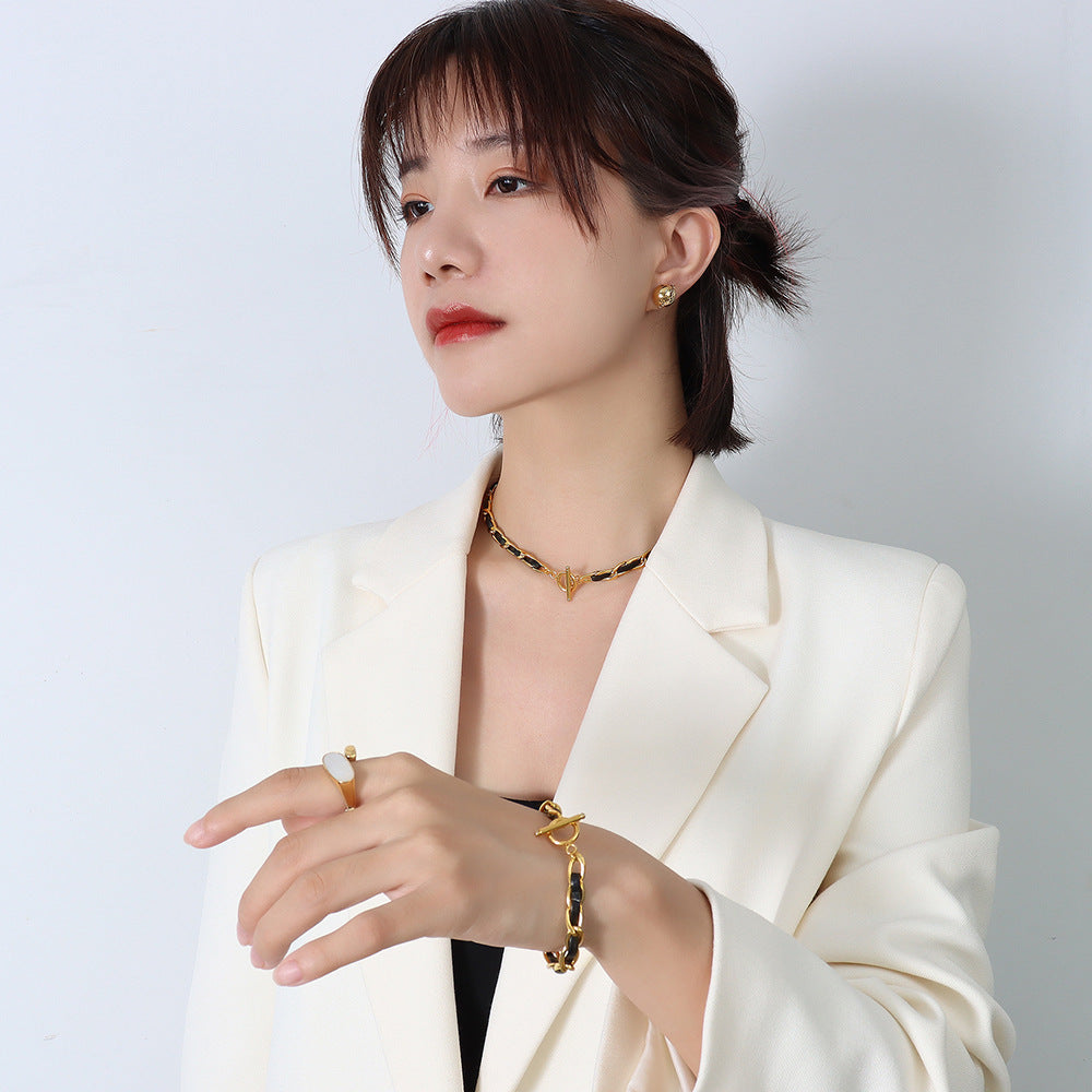 Hip hop design 18k real gold leather rope bracelet jewelry