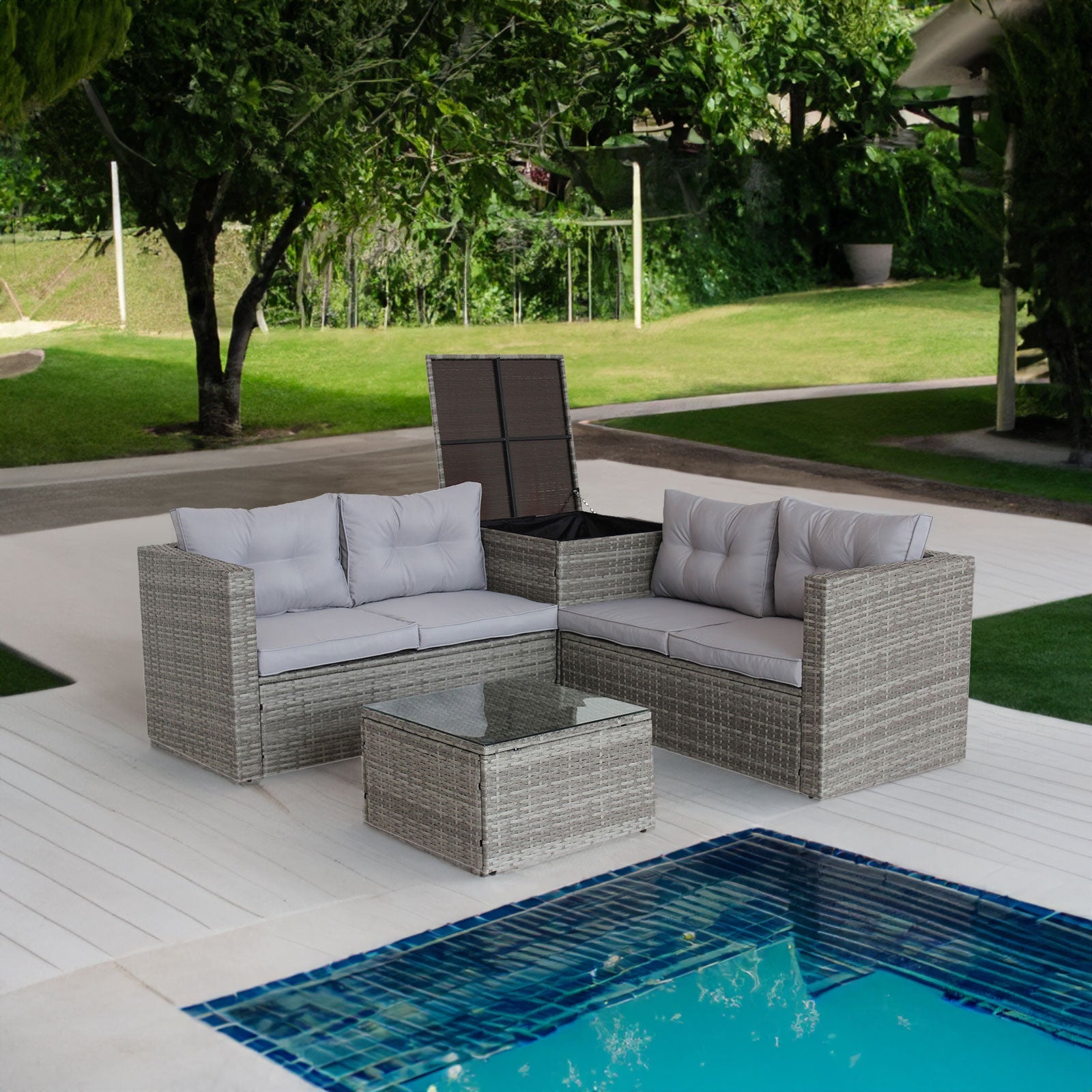 4 Piece Patio Sectional Wicker Rattan Outdoor Furniture Sofa Set with Storage Box Grey