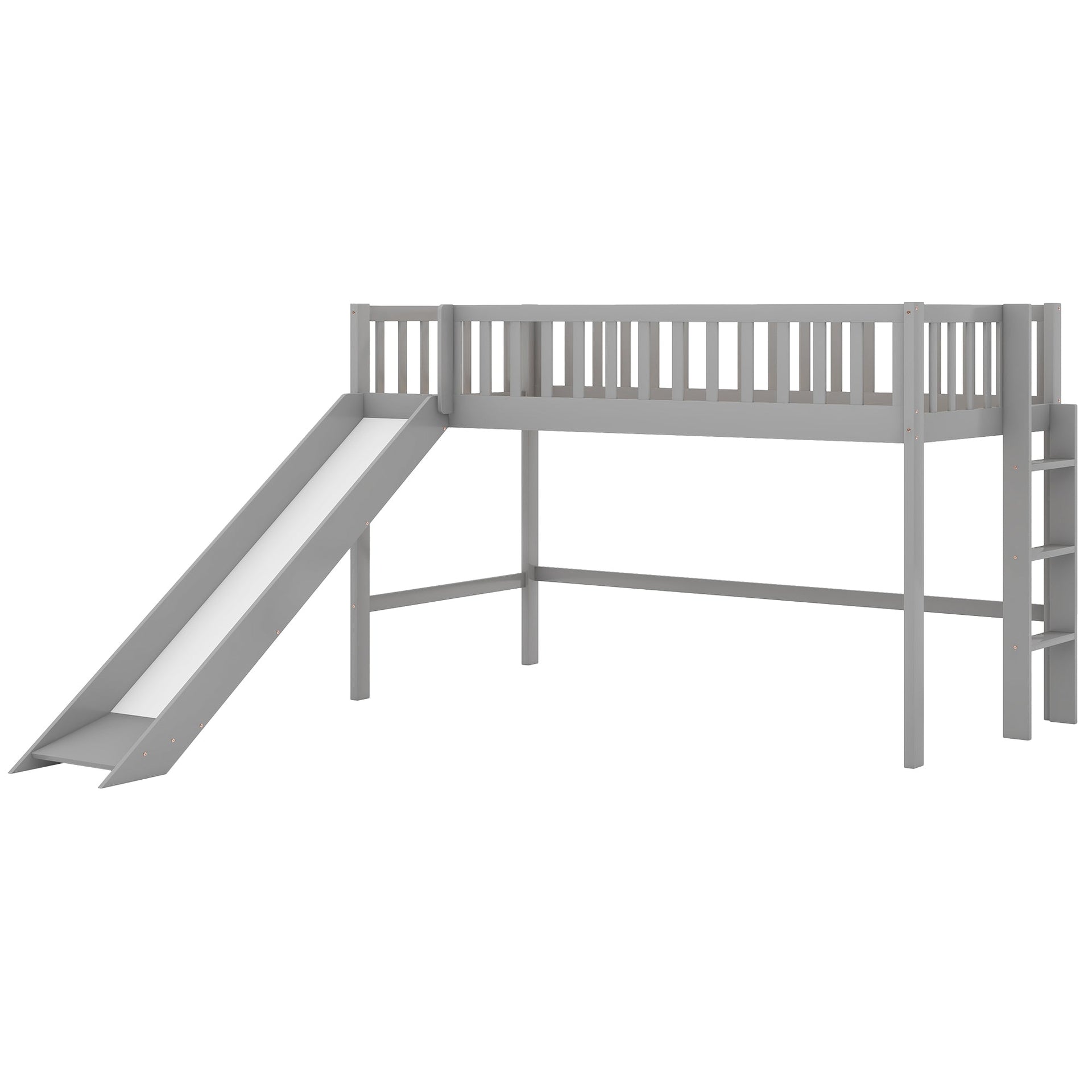 Twin Size Low Loft Bed with Ladder and Slide  Gray