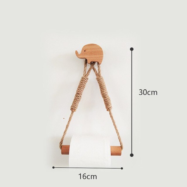 Nordic Indoor Wooden Solid Wood Hemp Rope Animal Tissue Holder Children's Room Decoration Wall Hanger Hemp Rope Hook Toilet Paper Holder