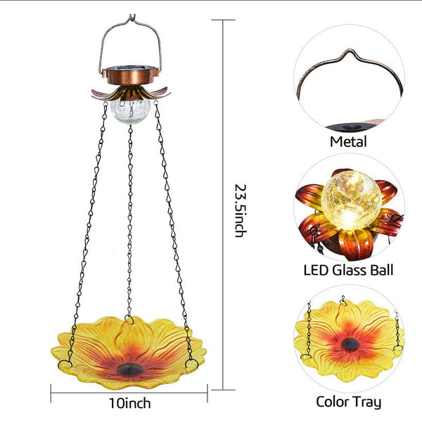 Solar Hanging Bird Bath for Outdoors 24 inch Glass Bird Feeder Sunflower Tray Crackle Ball Light Waterproof Yard Garden Decorati