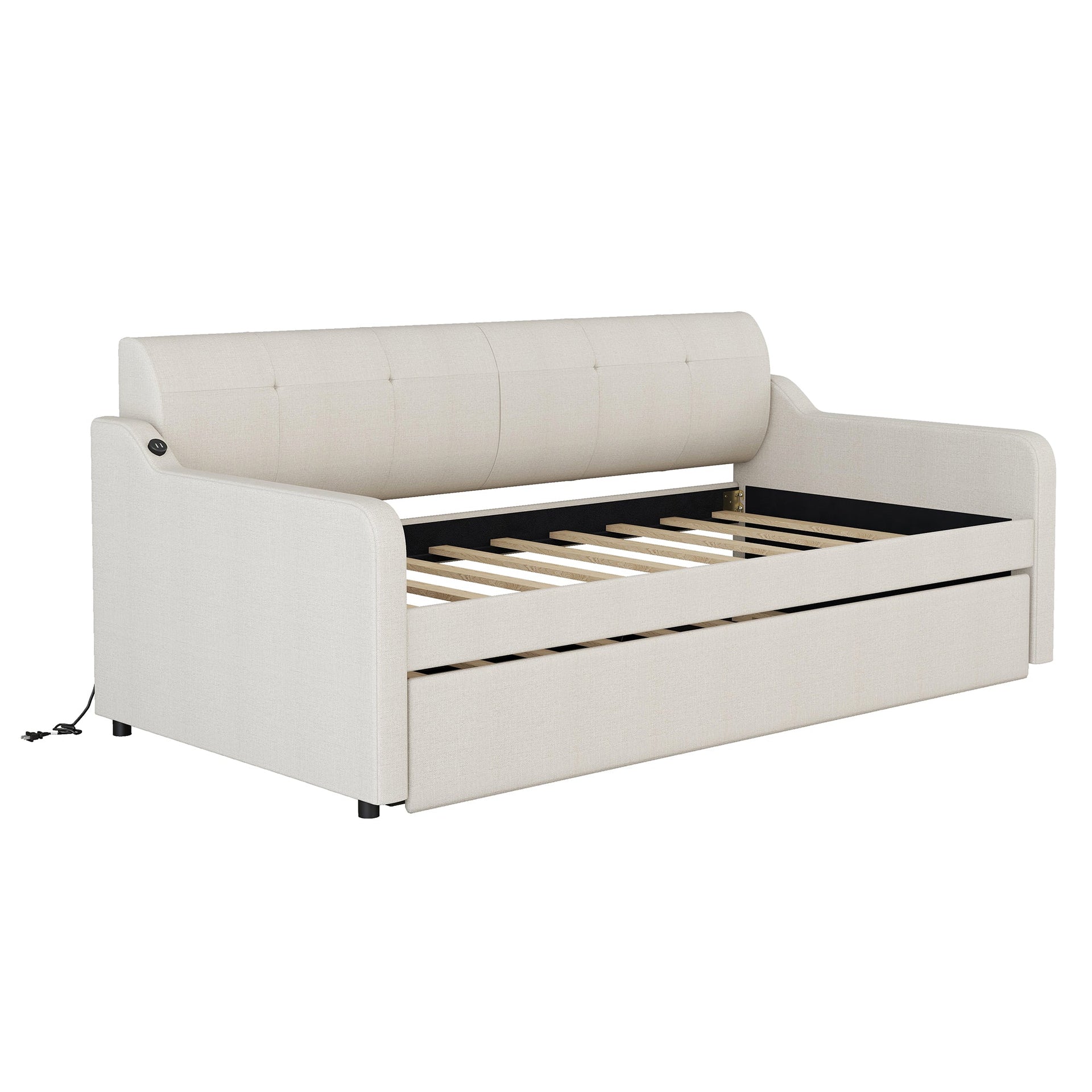 Twin Size Upholstery Daybed with Trundle and USB Charging Design Trundle can be flat or erected Beige