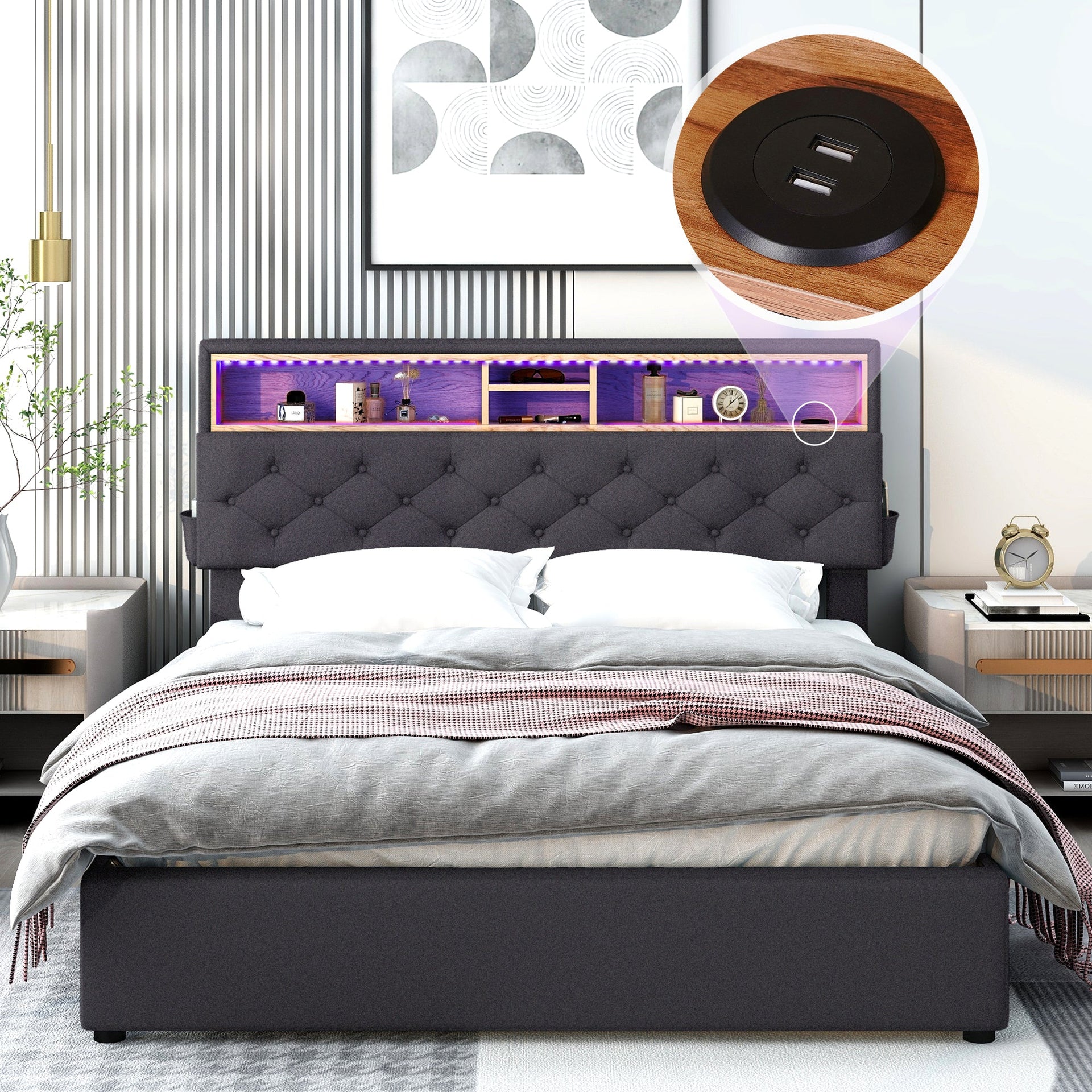 Queen Size Upholstered Platform Bed with Storage Headboard, LED, USB Charging and 2 Drawers Dark Gray