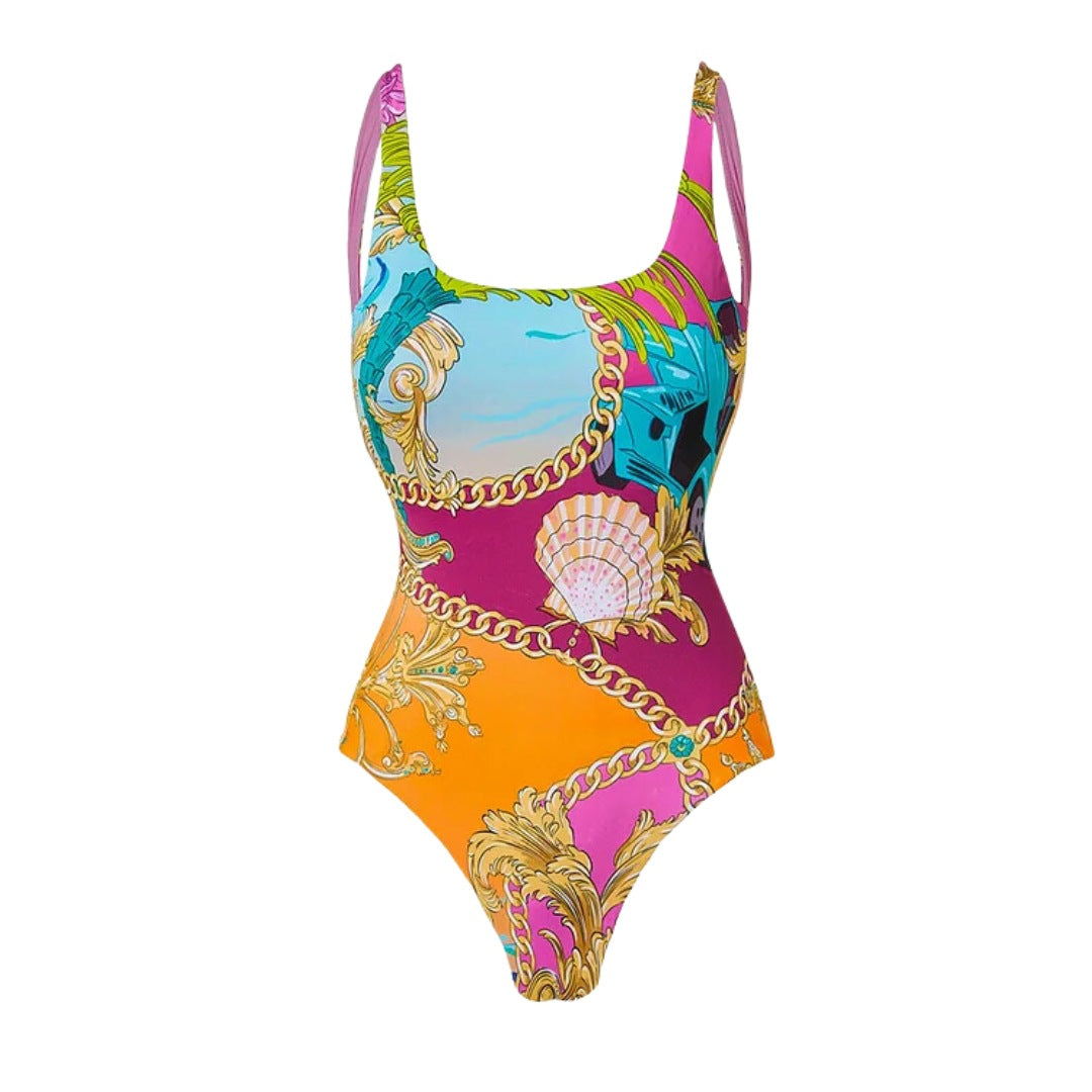 Cartoon print contrasting one-piece swimsuit set for women