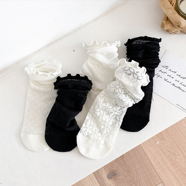 1 pair of socks for women summer thin black middle tube socks Japanese lace ballet style socks mesh breathable pile socks