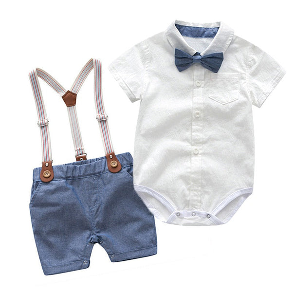Male baby infant two-piece summer climbing suit with collar, gentleman's white shirt, overalls, tie dress, British style