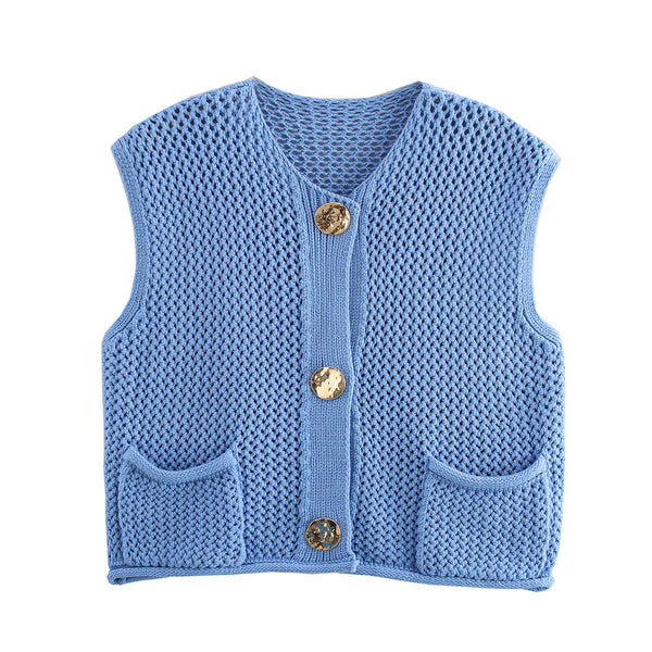 Street Fashion Crochet Hollow Vest Solid Color Versatile Round Neck Jacket