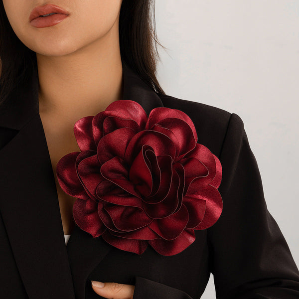 Hot selling satin fabric exaggerated large flower brooch duckbill clip dual-purpose rose chest flower pin