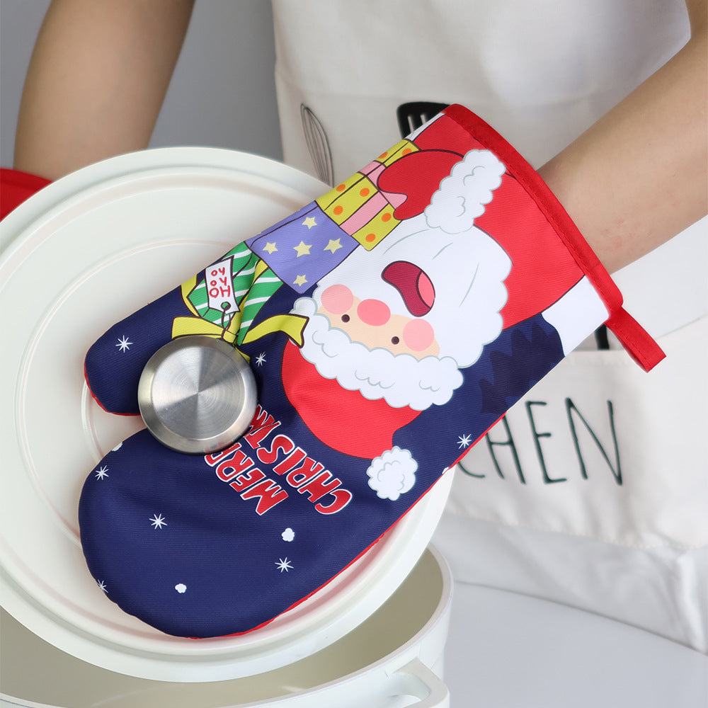 Christmas present Santa Claus insulated gloves, thickened oven gloves, kitchen baking gloves, insulated and heat-resistant gloves