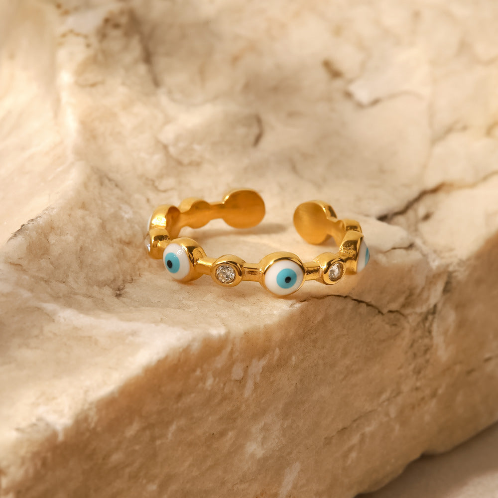 18K gold-plated stainless steel devil eye open ring Fashionable and versatile titanium steel ring for women