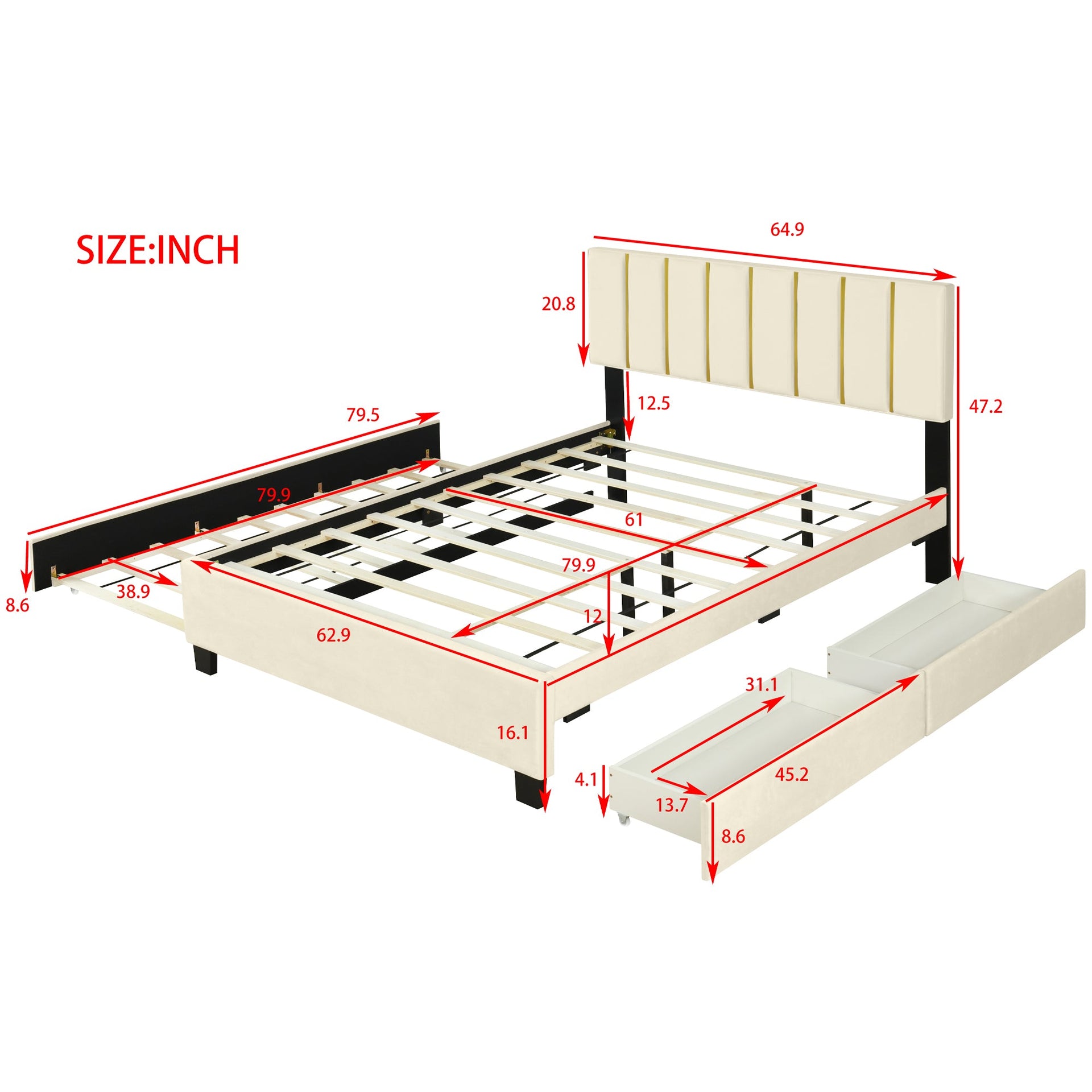 Queen Size Upholstered Platform Bed with 2 Drawers and 1 Trundle, Classic Metal Strip Headboard Design, Beige